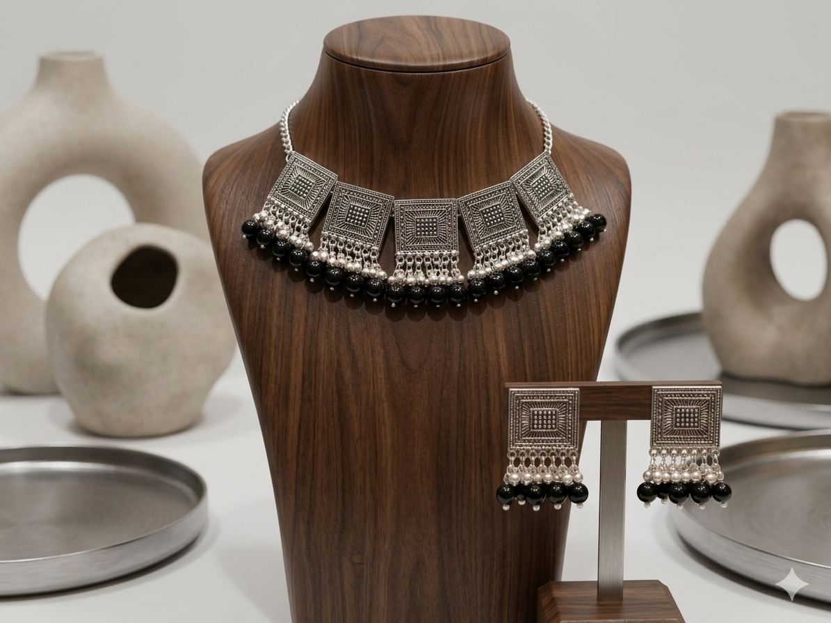 Antique Silver Choker Necklace with Earrings Set for Girls