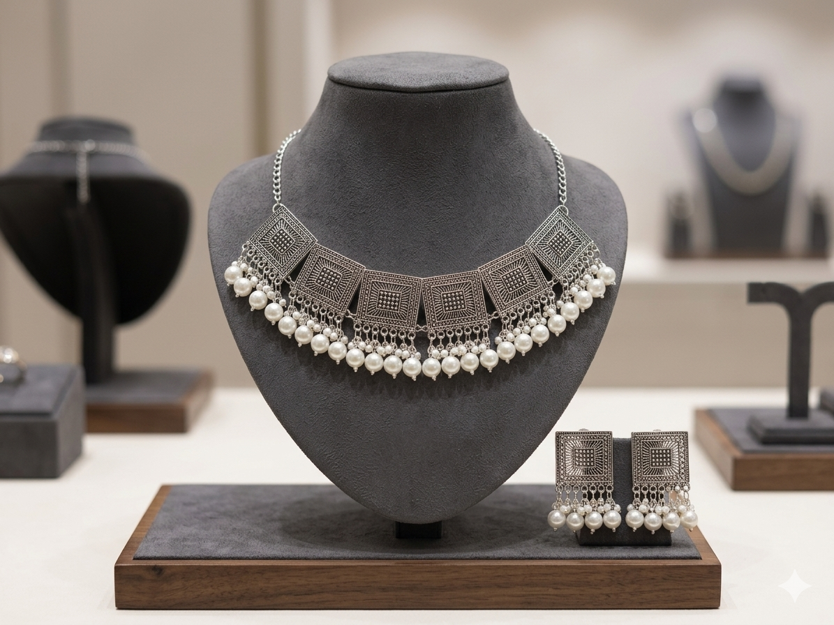 Antique Silver Choker Necklace with Earrings Set for Girls