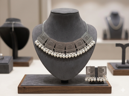 Antique Silver Choker Necklace with Earrings Set for Girls